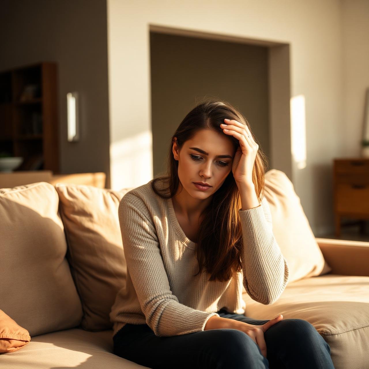 Mulher cansada segurando celular, representando sobrecarga emocional